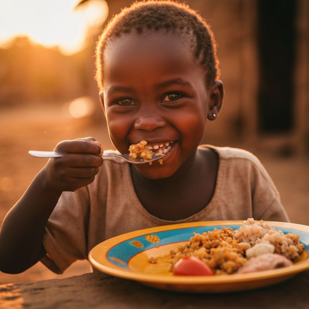 Criança africana recebendo refeição